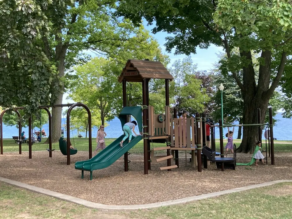 Wooden playground structure with slides under mature trees