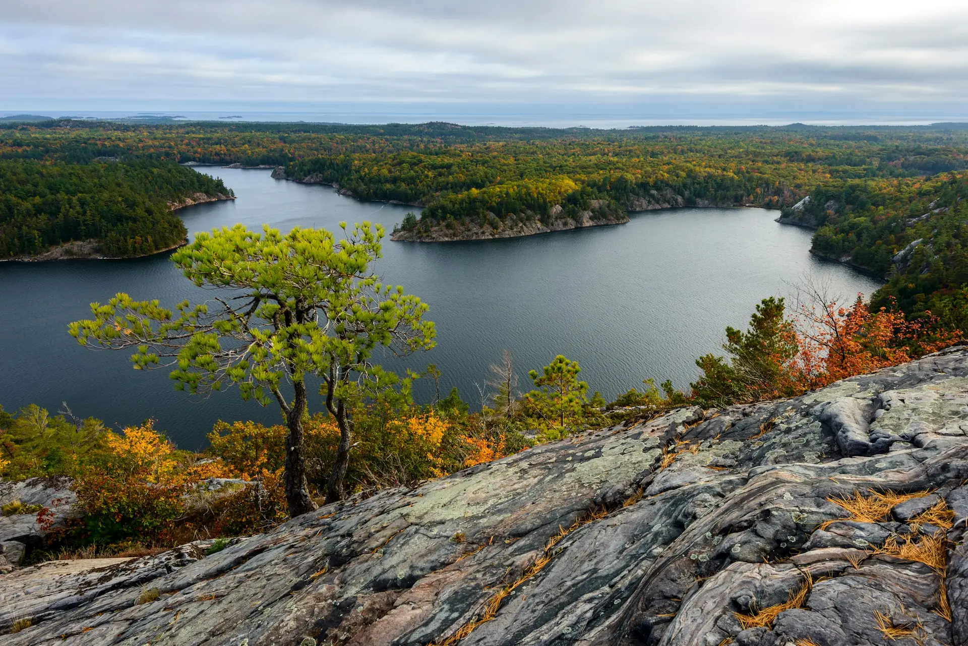Granite shoreline and a forested lake in Ontario's Canadian Shield