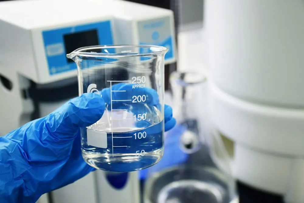Gloved hand holding a glass beaker of clear liquid