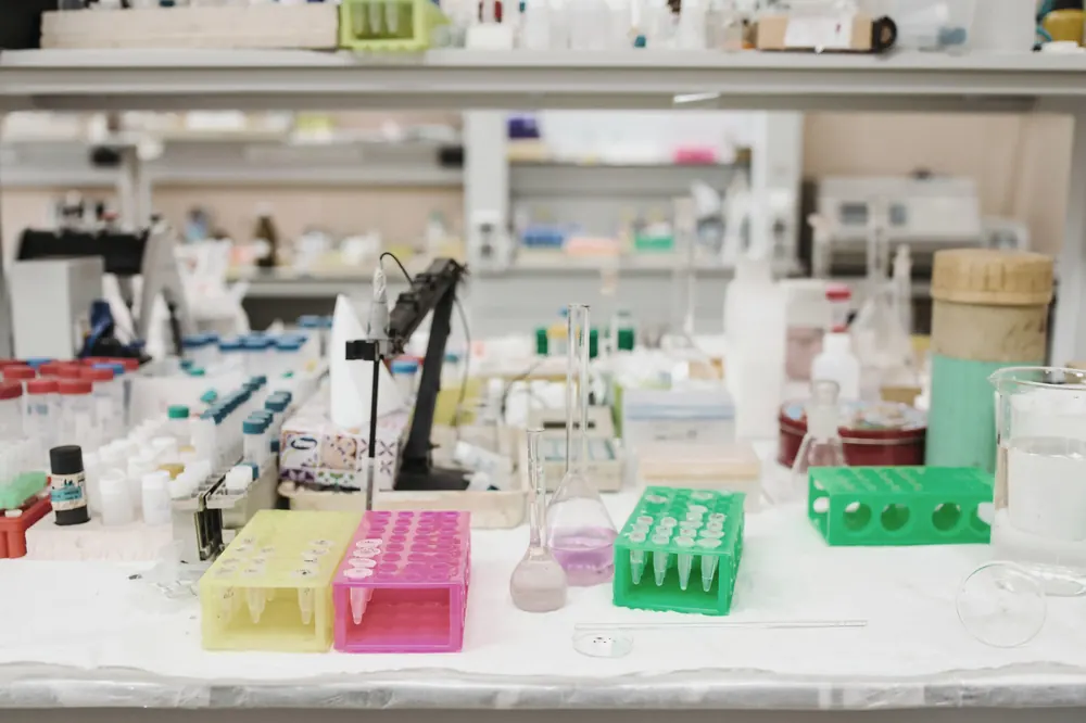 Laboratory bench crowded with reagent bottles and glassware